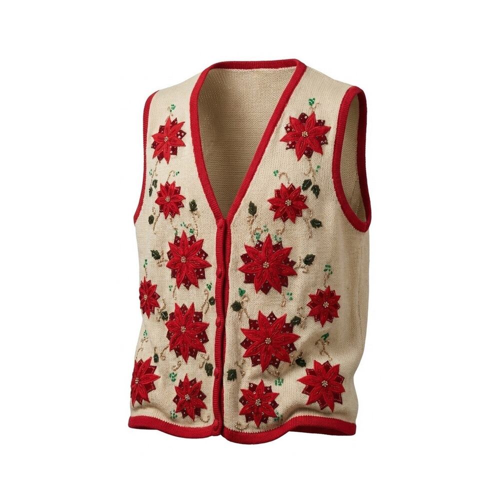 Bobbie Brooks Sweater Vest Womens XL Christmas Poinsettia Ramie Cotton Y2K 90s